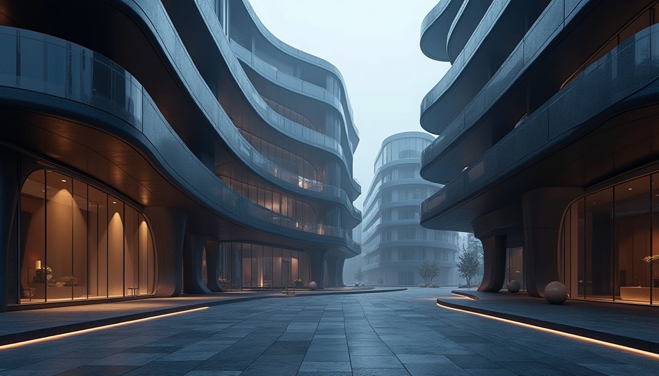 Prompt: Sleek modern buildings, curved lines, minimalist aesthetic, monochromatic color scheme, rich dark blues, warm metallic accents, matte black surfaces, polished chrome details, frosted glass facades, subtle gradient effects, soft ambient lighting, shallow depth of field, 1/1 composition, realistic reflections, atmospheric perspective.