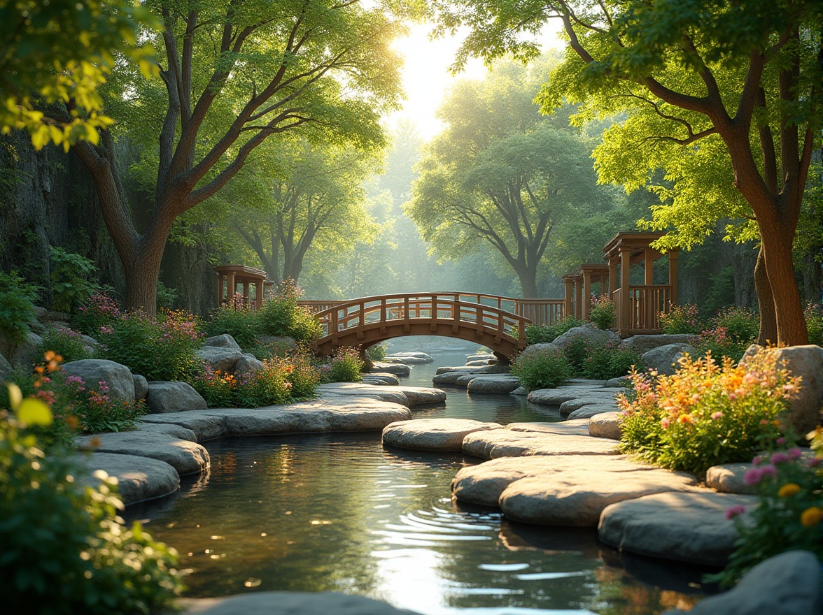 Prompt: Serene natural ambiance, lush greenery, vibrant flowers, meandering pathways, rustic wooden bridges, tranquil water features, ornamental stone walls, modern outdoor furniture, eco-friendly materials, sustainable irrigation systems, native plant species, blooming gardens, sunny day, soft warm lighting, shallow depth of field, 3/4 composition, panoramic view, realistic textures, ambient occlusion.