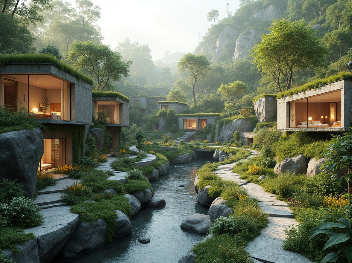 Prompt: Harmonious landscape integration, lush green roofs, natural stone walls, curved walkways, meandering streams, vibrant flowerbeds, native plant species, scenic lookout points, elevated viewing decks, minimalist modern architecture, large windows, sliding glass doors, seamless indoor-outdoor transitions, soft warm lighting, shallow depth of field, 3/4 composition, panoramic view, realistic textures, ambient occlusion.