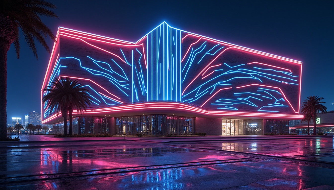 Prompt: Neon-lit casino facade, futuristic high-tech style, metallic surfaces, LED light strips, dynamic patterns, angular lines, sleek curves, glass and steel materials, urban cityscape, nightfall atmosphere, vibrant color scheme, abstract geometric shapes, 3D projection mapping, dramatic spotlights, shallow depth of field, cinematic composition, realistic reflections, ambient occlusion.