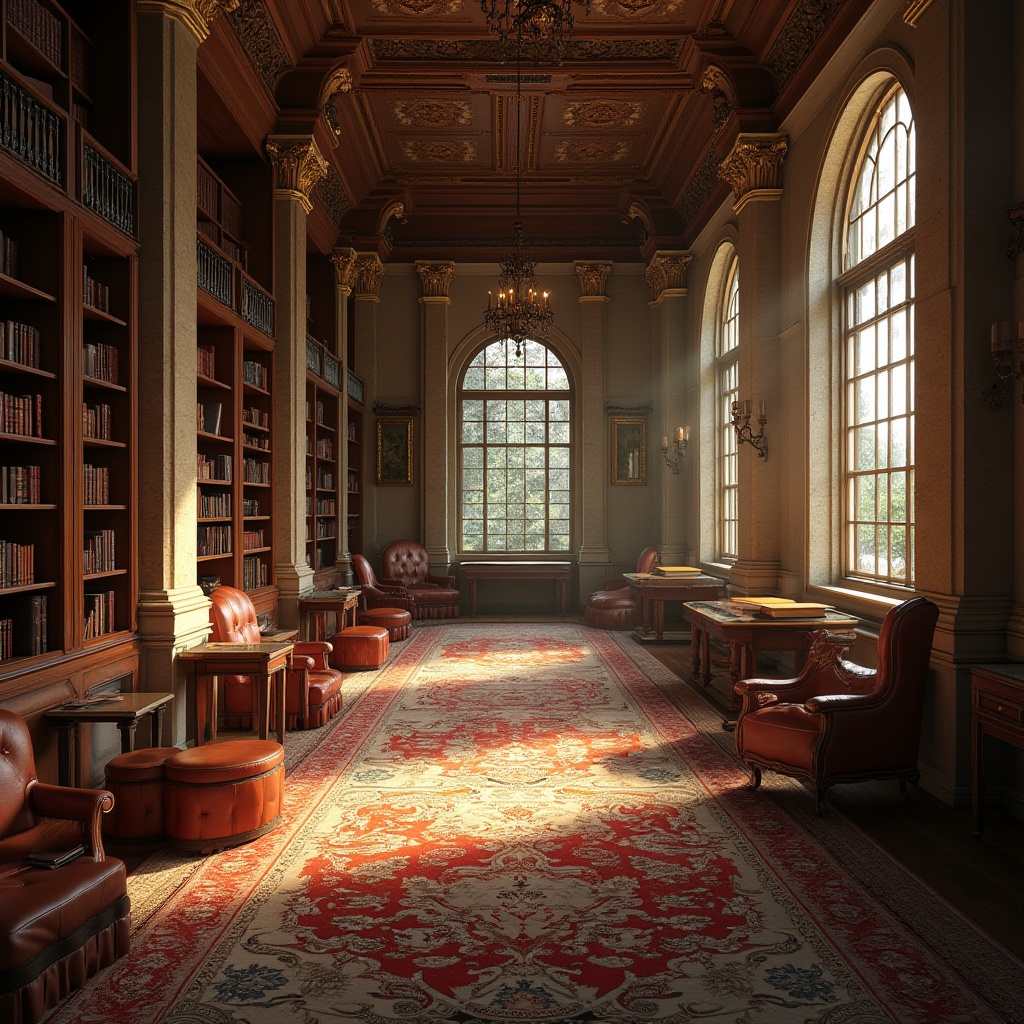 Prompt: Grand library interior, warm wood accents, ornate stone columns, rich leather-bound books, comfortable reading nooks, natural light pouring in, large windows, high ceilings, elegant chandeliers, intricate moldings, rustic wooden shelves, vintage bookcases, soft carpeting, cozy atmosphere, realistic textures, ambient occlusion, shallow depth of field, 3/4 composition, panoramic view.