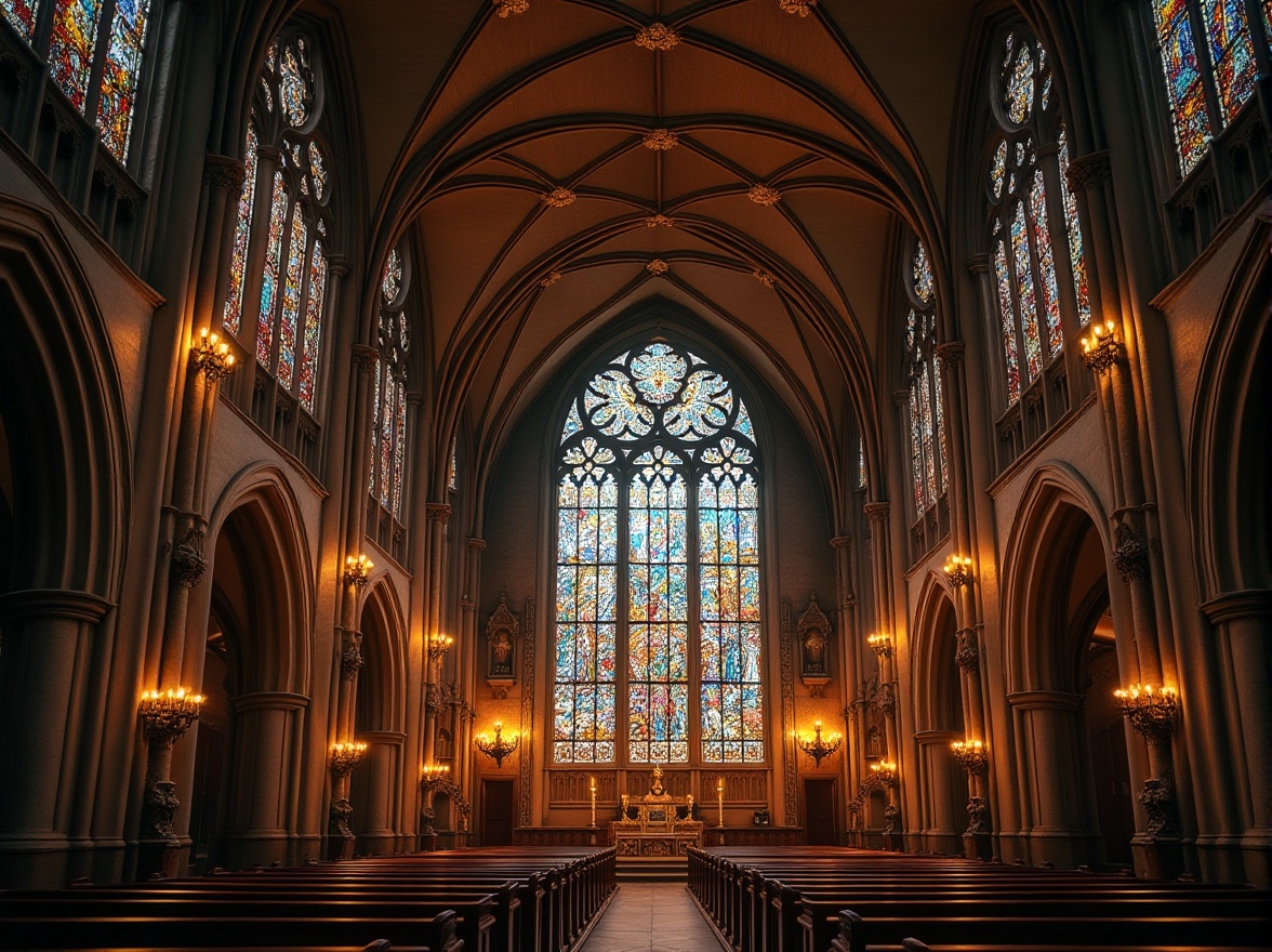 Prompt: Intricate stained glass windows, kaleidoscope colors, ornate stone carvings, grandiose Gothic architecture, majestic cathedrals, vaulted ceilings, ribbed arches, flying buttresses, mystical ambiance, soft diffused light, warm golden hues, rich textures, intricate patterns, symbolic motifs, biblical narratives, medieval craftsmanship, atmospheric lighting, dramatic shadows, 1/1 composition, symmetrical framing, high contrast ratios.