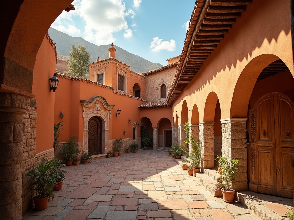 Prompt: Earthy tone, regionalist architecture, curved lines, ornate decorations, traditional patterns, cultural heritage, local materials, natural stone walls, wooden accents, clay roof tiles, vibrant color schemes, intricate mosaics, ambient lighting, warm afternoon sun, soft shadows, 1/1 composition, symmetrical framing, realistic textures, high-dynamic-range imaging.