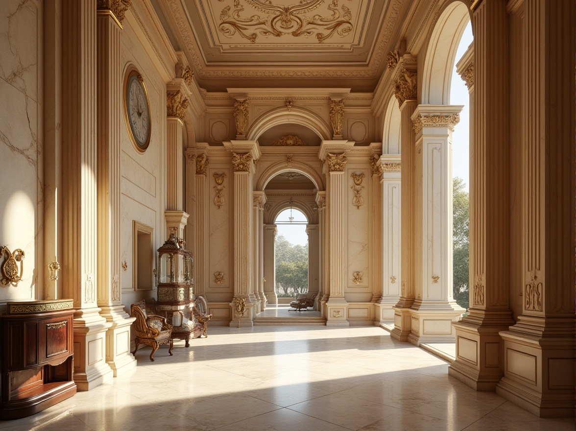 Prompt: Elegant neoclassical building, ornate details, rich marble columns, intricate carvings, warm beige tones, soft creamy whites, muted gold accents, subtle earthy reds, refined dark wood furnishings, polished bronze fixtures, stately grandeur, classical proportions, harmonious balance, symmetrical composition, natural light pouring in, dramatic shadowing, high-contrast lighting, cinematic atmosphere.