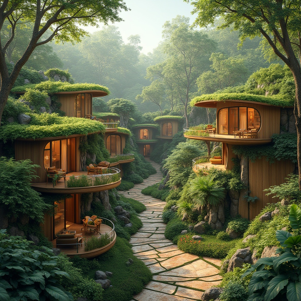 Prompt: Harmonious forest surroundings, curved wooden buildings, living roofs, lush green walls, natural stone foundations, earthy color palette, organic forms, seamless transitions, blurred boundaries, abundant natural light, warm cozy ambiance, minimalist decor, eco-friendly materials, sustainable design, rainwater harvesting systems, solar panels, wind turbines, shaded outdoor spaces, misting systems, vibrant colorful textiles, intricate geometric motifs, panoramic views, realistic textures, ambient occlusion.