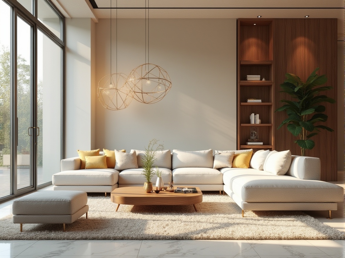 Prompt: Cozy living room, comfortable sectional sofa, warm wooden coffee table, plush area rug, floor-to-ceiling windows, natural daylight, soft diffused lighting, 1/1 composition, realistic textures, ambient occlusion, elegant pendant lamps, modern minimalist decor, calm color palette, creamy whites, soothing blues, earthy browns, functional shelving units, hidden storage compartments, ergonomic furniture design, acoustic soundproofing, warm beige walls, polished marble floors.