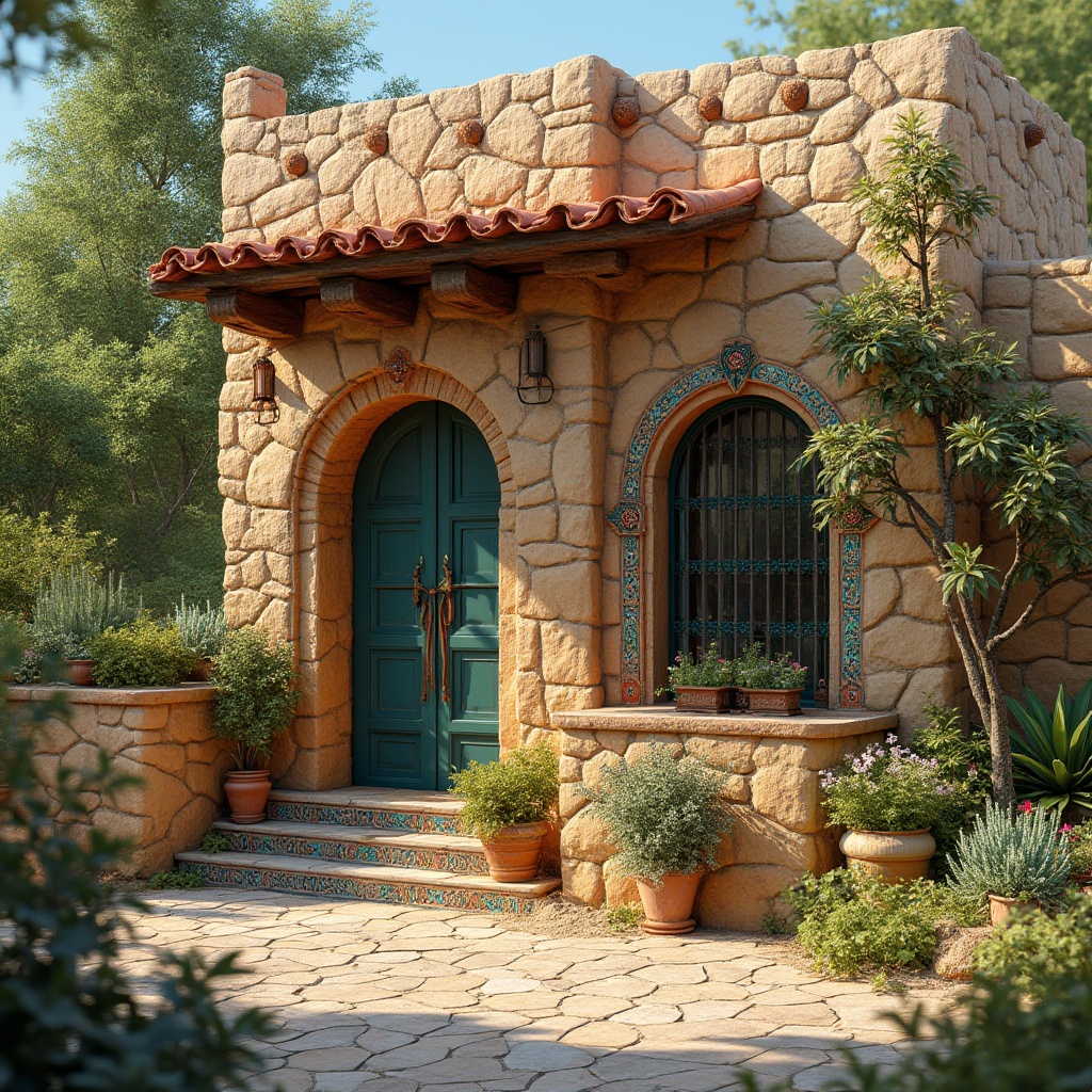 Prompt: Rustic regionalist fa\u00e7ade, earthy tones, natural stone cladding, wooden accents, ornate carvings, curved lines, arched windows, vibrant turquoise tiles, colorful ceramics, intricate mosaics, lush greenery, blooming flowers, warm sunny day, soft diffused lighting, shallow depth of field, 3/4 composition, panoramic view, realistic textures, ambient occlusion.