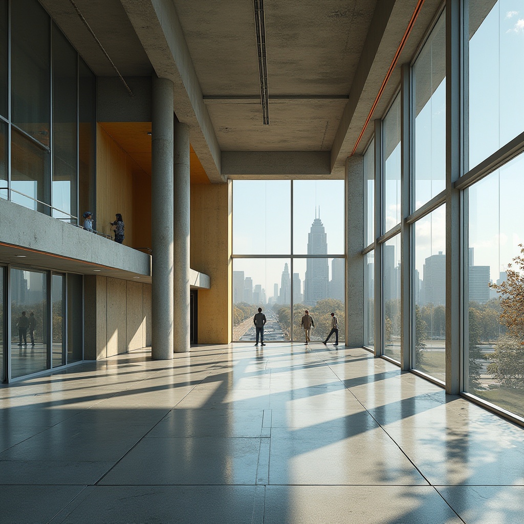 Prompt: Modernist visitor center, minimalist architecture, rectangular forms, large windows, industrial materials, exposed steel beams, polished concrete floors, brutalist design elements, geometric shapes, primary color accents, urban landscape, cityscape backdrop, sunny day, high-contrast lighting, shallow depth of field, 2/3 composition, symmetrical framing, graphic textures, ambient occlusion.