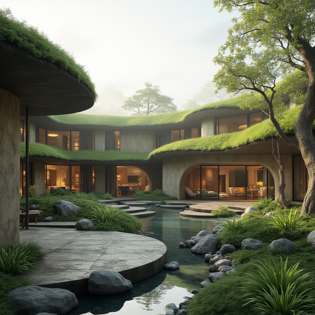 Prompt: Harmonious landscape integration, natural stone walls, lush green roofs, curved lines, organic shapes, earthy tones, seamless transitions, indoor-outdoor fluidity, floor-to-ceiling windows, sliding glass doors, panoramic views, surrounding trees, misty mornings, soft warm lighting, 1/1 composition, atmospheric perspective, realistic textures, ambient occlusion.