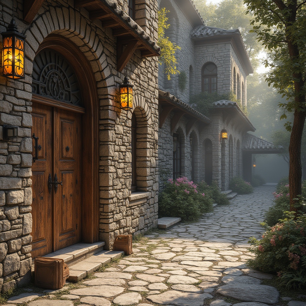 Prompt: Weathered stone walls, rough-hewn wooden accents, rustic metal details, ornate tile patterns, intricate mosaic designs, tactile brick facades, natural rock formations, earthy terrain, serene atmospheric lighting, soft misting effects, 3/4 composition, realistic textures, ambient occlusion.