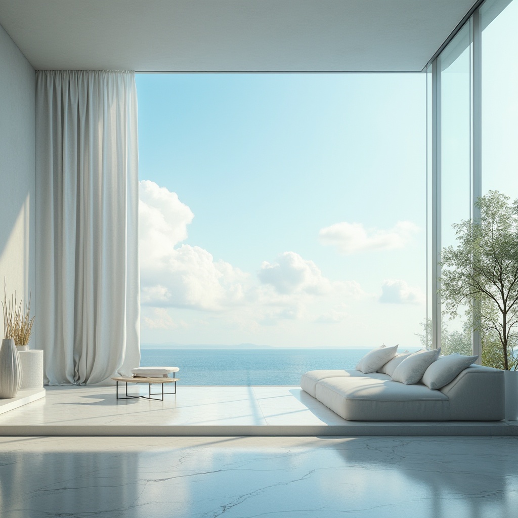 Prompt: \Calm sky blue hues, soft white clouds, gentle sunlight, serene atmosphere, minimalist modern architecture, sleek glass surfaces, clean lines, subtle shading, natural textures, airy open spaces, comfortable furniture, plush cushions, tranquil ambiance, peaceful environment, 1/1 composition, warm soft lighting, shallow depth of field, realistic rendering.\