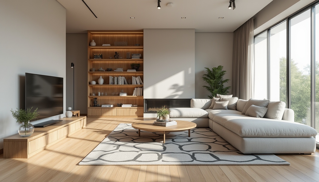 Prompt: Modern minimalist living room, sleek low-profile furniture, neutral color palette, polished wood flooring, floor-to-ceiling windows, natural light, airy atmosphere, functional modular shelving, multi-purpose coffee table, comfortable sectional sofa, geometric-patterned rug, ambient soft lighting, 1/1 composition, shallow depth of field, realistic textures.