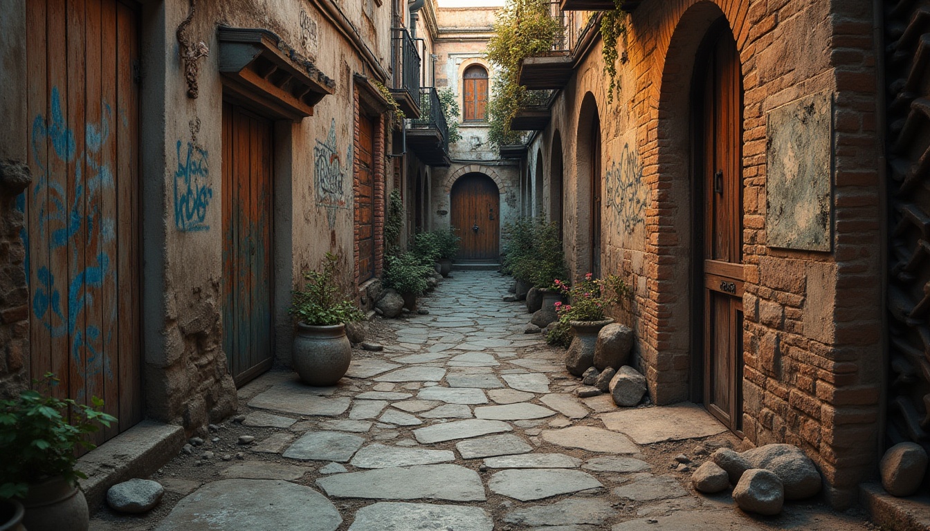 Prompt: Rustic wooden planks, weathered stone walls, distressed metal sheets, vintage brick facades, ornate ceramic tiles, intricate mosaic patterns, rough-hewn boulders, faded graffiti, worn concrete floors, peeling paint, corroded pipes, mysterious alleyways, soft warm lighting, shallow depth of field, 3/4 composition, realistic textures, ambient occlusion.