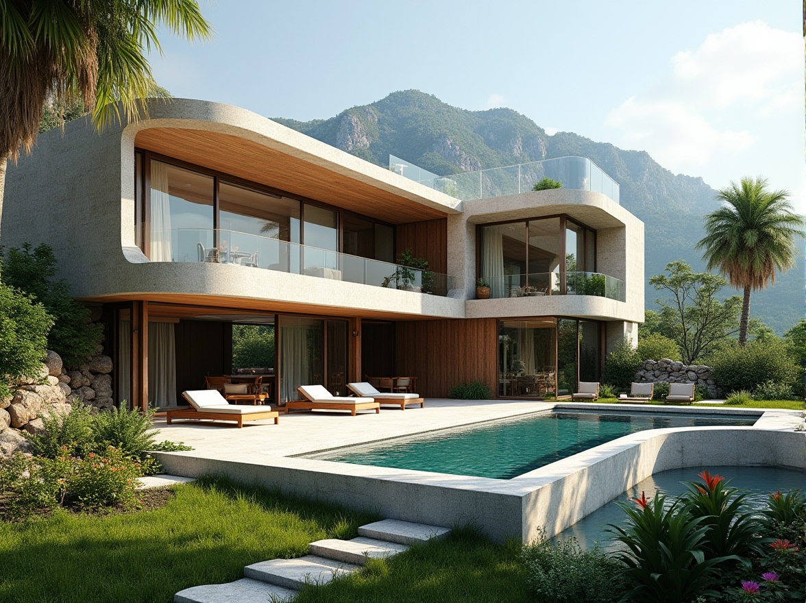 Prompt: Villa Streamline Moderne, luxurious facade, large windows, minimalist decor, natural stone walls, wooden accents, sleek lines, curved balconies, infinity pool, lush greenery, tropical plants, water features, serene atmosphere, warm sunny day, soft diffused lighting, shallow depth of field, 3/4 composition, panoramic view, realistic textures, ambient occlusion, mountainous backdrop, meandering streams, rustic pathways, vibrant colorful flowers.