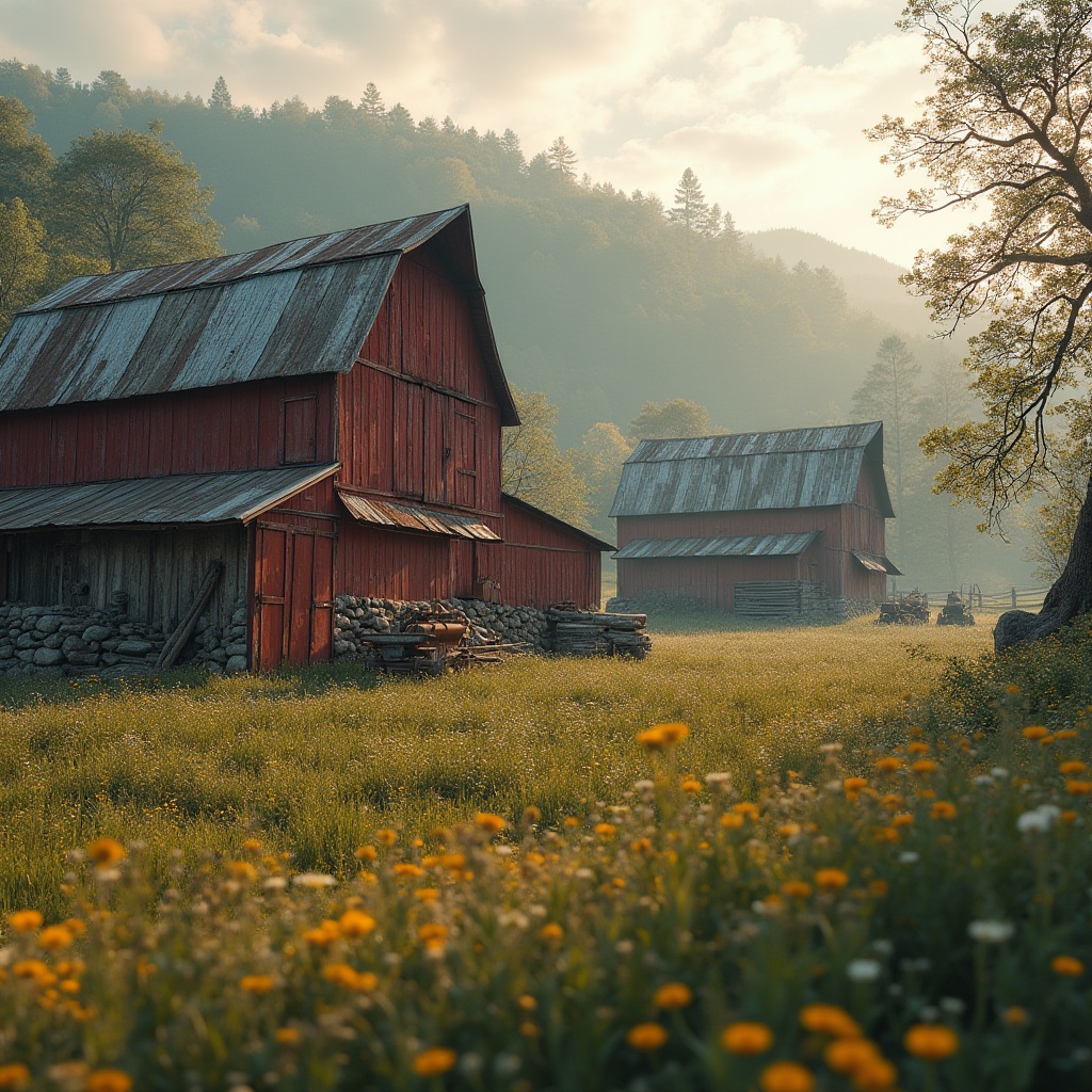 Prompt: Rustic barns, distressed wooden planks, weathered metal roofs, earthy tones, natural stone foundations, rough-hewn beams, vintage agricultural equipment, wildflower fields, misty morning atmosphere, soft warm lighting, shallow depth of field, 1/1 composition, realistic textures, ambient occlusion, grainy wood patterns, faded red paint, worn-out doors, rusty metal accents, lush greenery, serene countryside landscape.