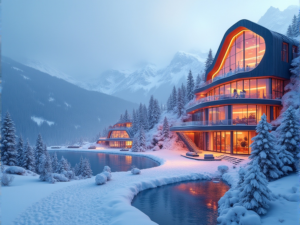 Prompt: Vibrant ski resort, snow-capped mountains, frozen lakes, frosty morning, crisp air, expressionist facade design, bold geometric shapes, irregular forms, dynamic lines, abstract patterns, bright color schemes, neon lights, glass and steel materials, modern architecture, cantilevered structures, asymmetrical compositions, dramatic shadows, high-contrast lighting, misty atmosphere, shallow depth of field, 2/3 composition, panoramic view, realistic textures, ambient occlusion.