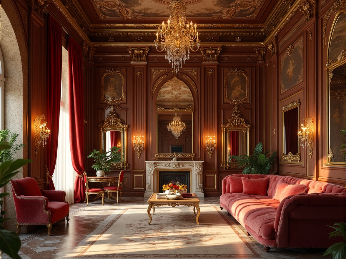 Prompt: Grandiose palace, ornate furnishings, lavish chandeliers, intricately carved wooden panels, rich velvet drapes, gilded frames, ornamental mirrors, marble floors, curved staircases, sweeping arches, dramatic lighting, warm golden tones, luxurious textiles, intricate moldings, Baroque patterns, rustic stone walls, cozy reading nooks, intimate seating areas, opulent color schemes, regal atmosphere, 1/1 composition, shallow depth of field, soft warm lighting.