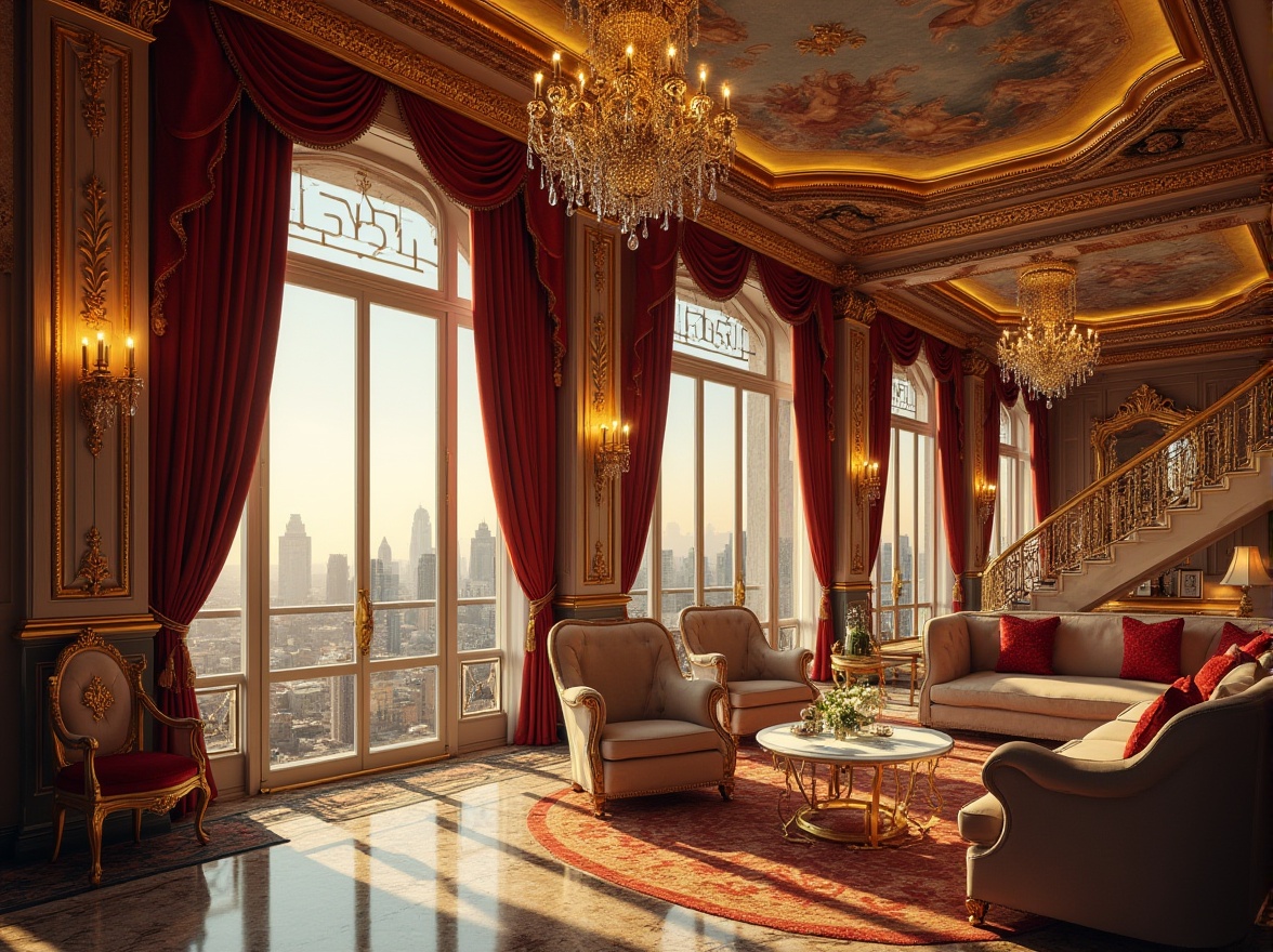 Prompt: Luxurious penthouse, opulent Baroque style, lavish furnishings, intricately carved wooden accents, gilded moldings, ornate chandeliers, crystal droplets, velvet drapes, rich jewel-toned colors, marble floors, intricate fresco ceilings, grandiose staircases, majestic city views, warm golden lighting, soft focus blur, shallow depth of field, 1/2 composition, dramatic high-contrast ratio, realistic textures, ambient occlusion.