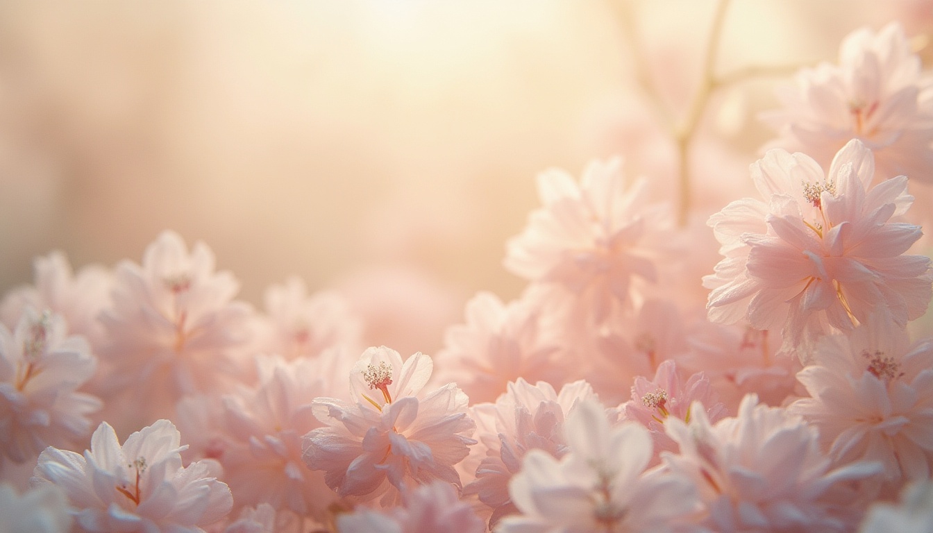 Prompt: Soft pastel hues, gentle gradient transitions, calming atmosphere, serene color harmony, natural earthy tones, muted soft pinks, creamy whites, weathered wood accents, delicate florals, subtle texture overlays, warm golden lighting, shallow depth of field, 1/1 composition, intimate close-up shots, realistic material rendering, ambient occlusion.