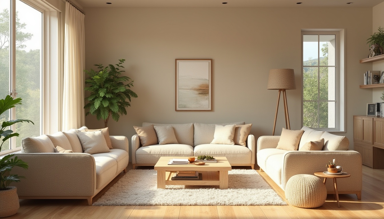 Prompt: Cozy living room, plush sofas, warm beige tones, natural wood flooring, large windows, soft diffused lighting, modern minimalist decor, greenery accents, abstract artwork, comfortable seating areas, inviting atmosphere, 1/1 composition, shallow depth of field, realistic textures, ambient occlusion.