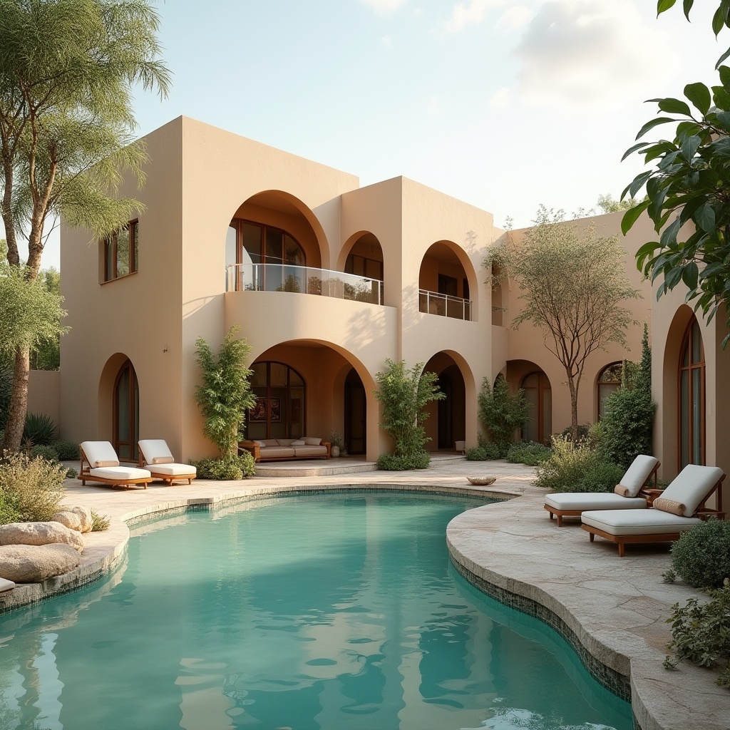 Prompt: Soothing villa exterior, warm beige stucco walls, soft curved lines, lush greenery surroundings, tranquil water features, serene outdoor spaces, elegant stone pathways, refined wooden accents, calming turquoise pool waters, vibrant coral reef-inspired decorations, natural texture materials, earthy tone color scheme, gentle morning light, shallow depth of field, 1/1 composition, realistic rendering, subtle ambient occlusion.