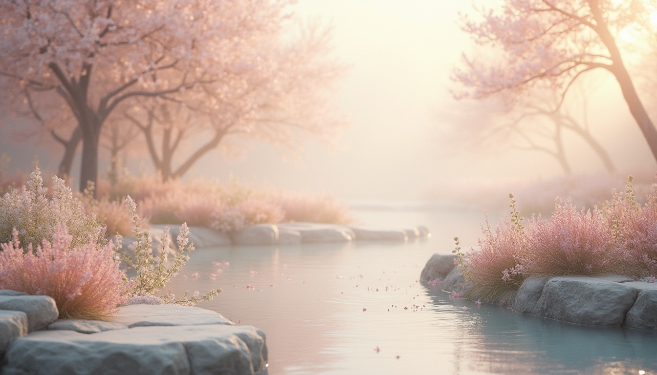 Prompt: Soft pastel hues, gentle color transitions, calming atmosphere, serene landscape, misty morning, warm sunlight, delicate florals, soothing water features, natural stone pathways, peaceful ambiance, minimalist design, creamy whites, pale blues, mauve accents, earthy tones, subtle texture overlays, 1/1 composition, soft focus, shallow depth of field, realistic color grading.