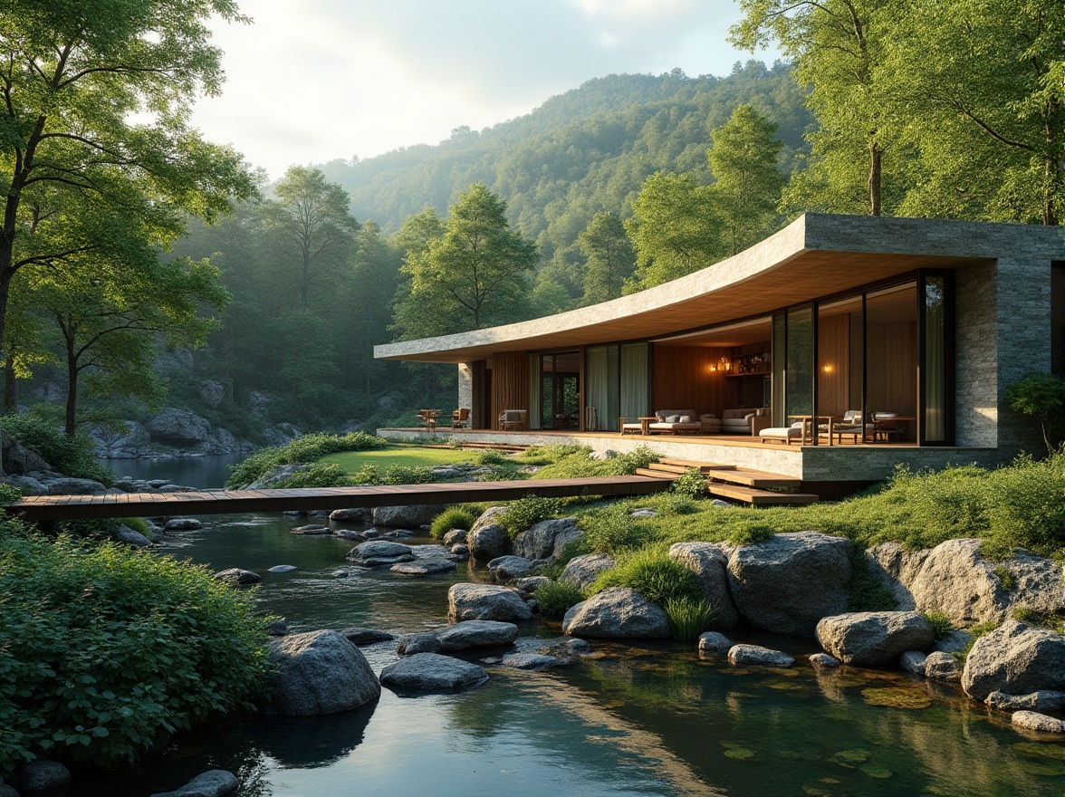 Prompt: Secluded villa, streamline moderne architecture, lush greenery, natural stone walls, curved lines, minimalist design, floor-to-ceiling windows, sliding glass doors, panoramic views, surrounding forest, gentle stream, rustic wooden bridges, tranquil atmosphere, warm sunny day, soft diffused lighting, 1/1 composition, realistic textures, ambient occlusion.