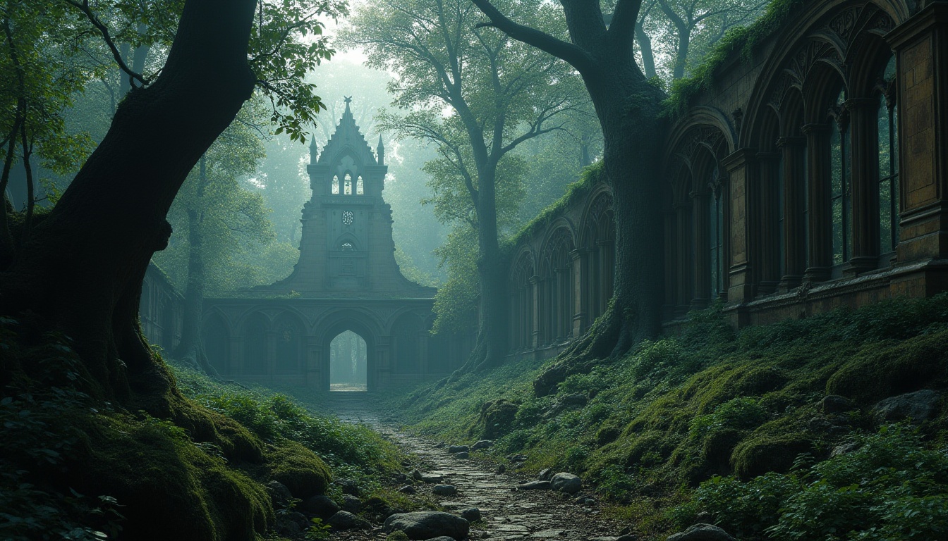 Prompt: Mystical forest, ancient trees, overgrown vegetation, crumbling stone walls, ruined arches, Gothic spires, stained glass windows, intricate stone carvings, mysterious fog, soft eerie lighting, dramatic shadows, 1/1 composition, low-angle shot, atmospheric perspective, realistic foliage, ambient occlusion.