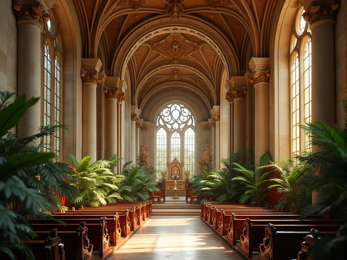 Prompt: Renaissance church interior, grand vaulted ceilings, ornate frescoes, intricate stone carvings, lush greenery, vibrant foliage, natural light pouring through stained glass windows, warm beige stone walls, rich wood tones, golden accents, elegant archways, solemn atmosphere, soft diffuse lighting, high contrast ratio, dramatic shadows, 1/2 composition, symmetrical framing, realistic textures, ambient occlusion.