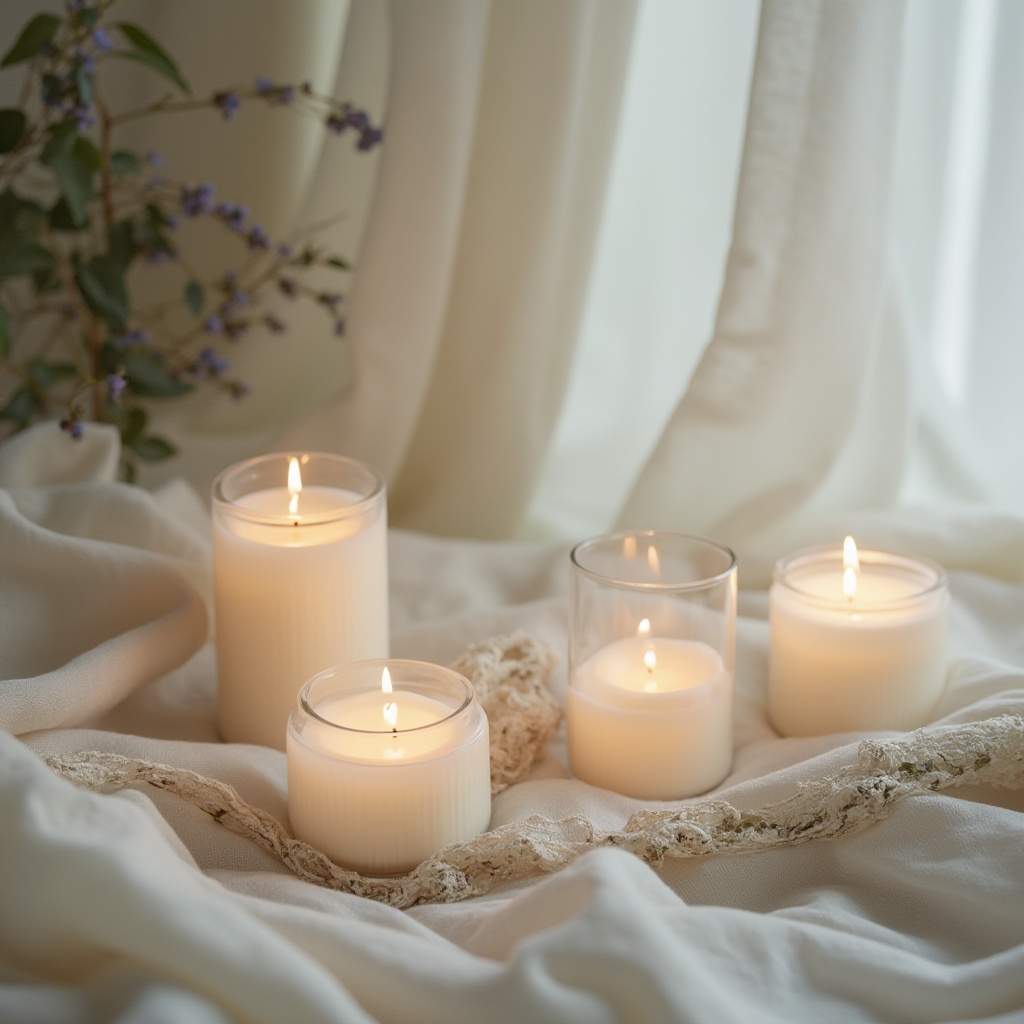 Prompt: Soft creamy whites, pale serene blues, muted sage greens, warm beige tones, gentle lavender hues, calming misty grays, subtle wooden textures, natural stone accents, delicate linen fabrics, warm candlelight, soft diffused shadows, shallow depth of field, 1/1 composition, intimate close-up views, realistic ambient occlusion.