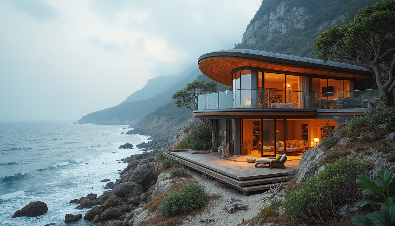 Prompt: Seaside cliffside, oceanfront views, waves crashing, salty air, rugged rocky shores, driftwood accents, weathered wooden decks, beachy dunes, native plant species, curved modern architecture, sustainable building materials, large windows, sliding glass doors, natural ventilation systems, open floor plans, minimalist interior design, cozy reading nooks, warm ambient lighting, soft ocean breeze, 1/1 composition, atmospheric perspective, realistic water textures, subtle mist effects.