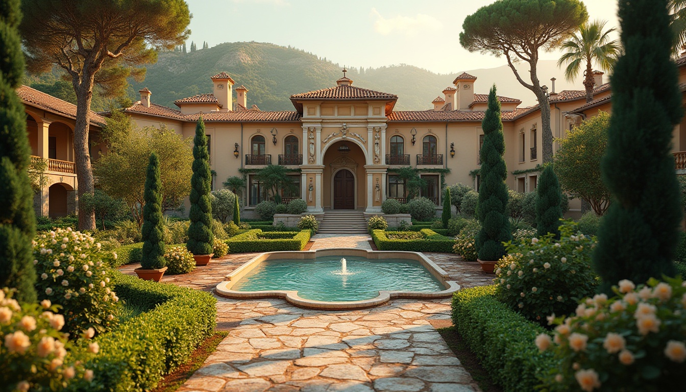 Prompt: Grand Tuscan villa, lush Mediterranean gardens, ornate fountains, sculpted hedges, rustic stone pathways, majestic cypress trees, classical columns, ornate arches, terracotta rooftops, grandiose staircases, frescoed ceilings, elegant courtyard, serene water features, warm golden lighting, soft focus blur, 1/2 composition, symmetrical framing, high dynamic range, realistic textures, ambient occlusion.