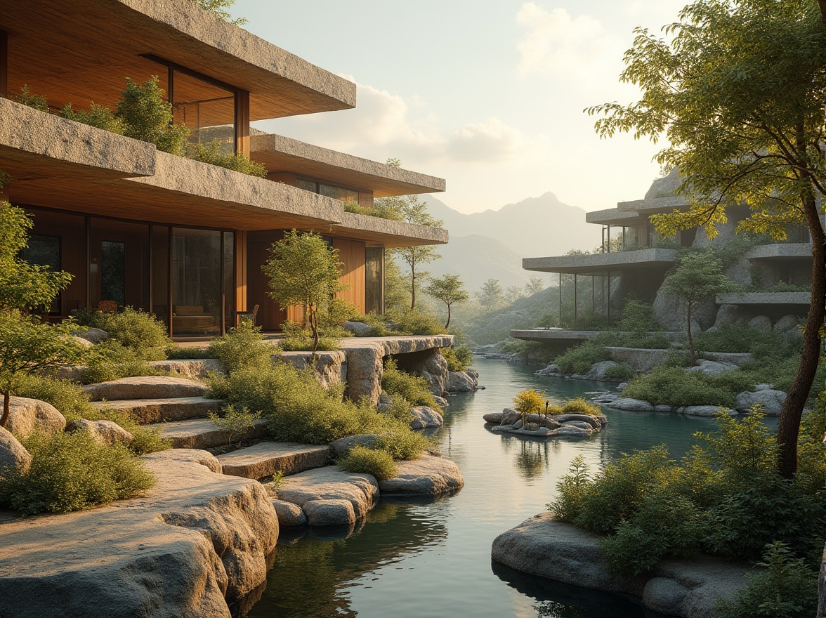 Prompt: Seamless landscape integration, naturalistic gardens, meandering water features, native plant species, weathered stone walls, organic building forms, earthy color palette, large overhangs, cantilevered structures, panoramic views, blurred boundaries, soft focus, atmospheric perspective, 1/1 composition, warm golden lighting, realistic foliage, ambient occlusion.