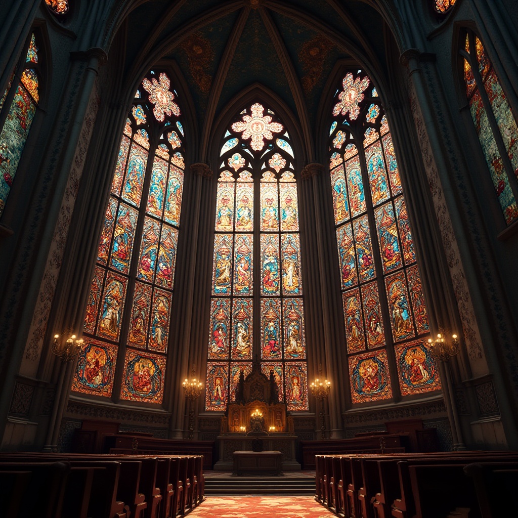 Prompt: Vibrant stained glass windows, intricate biblical scenes, kaleidoscope colors, ornate Gothic architecture, majestic cathedrals, sacred religious symbols, delicate flower patterns, radiant light refractions, warm ambient glow, subtle texture details, realistic glass reflections, dramatic high ceilings, solemn atmosphere, soft natural lighting, 1/1 composition, intimate close-up shots, heavenly divine themes.