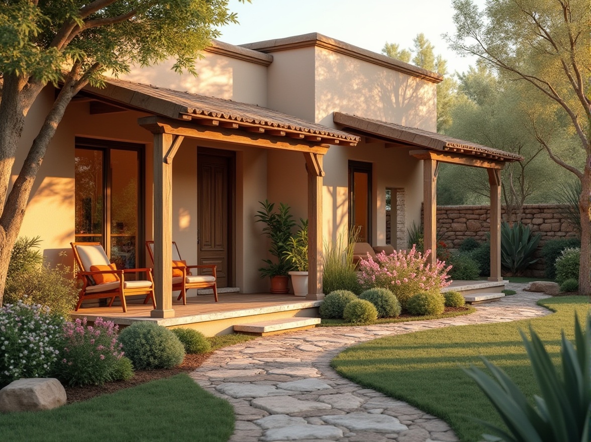 Prompt: Cozy residential exterior, warm earthy tones, soft beige stucco walls, rustic wooden accents, lush greenery, blooming flowers, tranquil atmosphere, natural stone pathways, inviting porches, comfortable outdoor seating, warm golden lighting, shallow depth of field, 3/4 composition, panoramic view, realistic textures, ambient occlusion.Please let me know if this meets your requirements or if I need to make any adjustments!