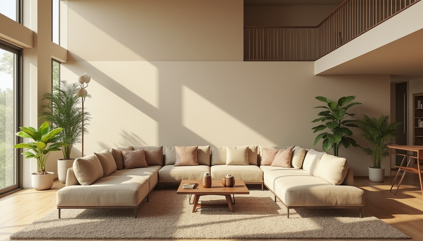 Prompt: Spacious living room, high ceilings, large windows, natural light, warm beige walls, comfortable sofas, plush area rugs, modern minimalist decor, sleek wooden coffee tables, vibrant green plants, soft warm lighting, shallow depth of field, 3/4 composition, realistic textures, ambient occlusion.