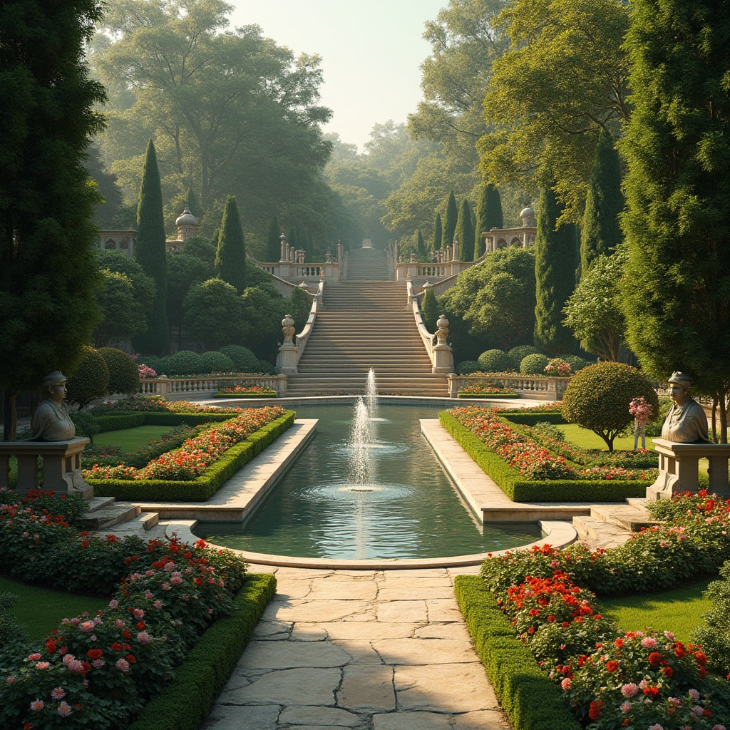 Prompt: Elegant gardens, ornate fountains, grand staircases, symmetrical walkways, manicured lawns, vibrant flower beds, decorative topiaries, statuesque sculptures, classical columns, rustic stone paths, tranquil ponds, serene water features, lush greenery, majestic trees, soft warm lighting, shallow depth of field, 3/4 composition, panoramic view, realistic textures, ambient occlusion.