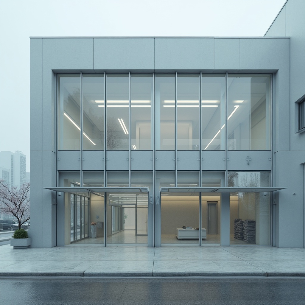 Prompt: Minimalist laboratory facade, clean lines, monochromatic color scheme, industrial materials, steel frames, glass panels, sleek metal accents, subtle LED lighting, geometric patterns, futuristic vibe, urban cityscape, cloudy day, soft diffused light, shallow depth of field, 1/1 composition, symmetrical view, realistic textures, ambient occlusion.