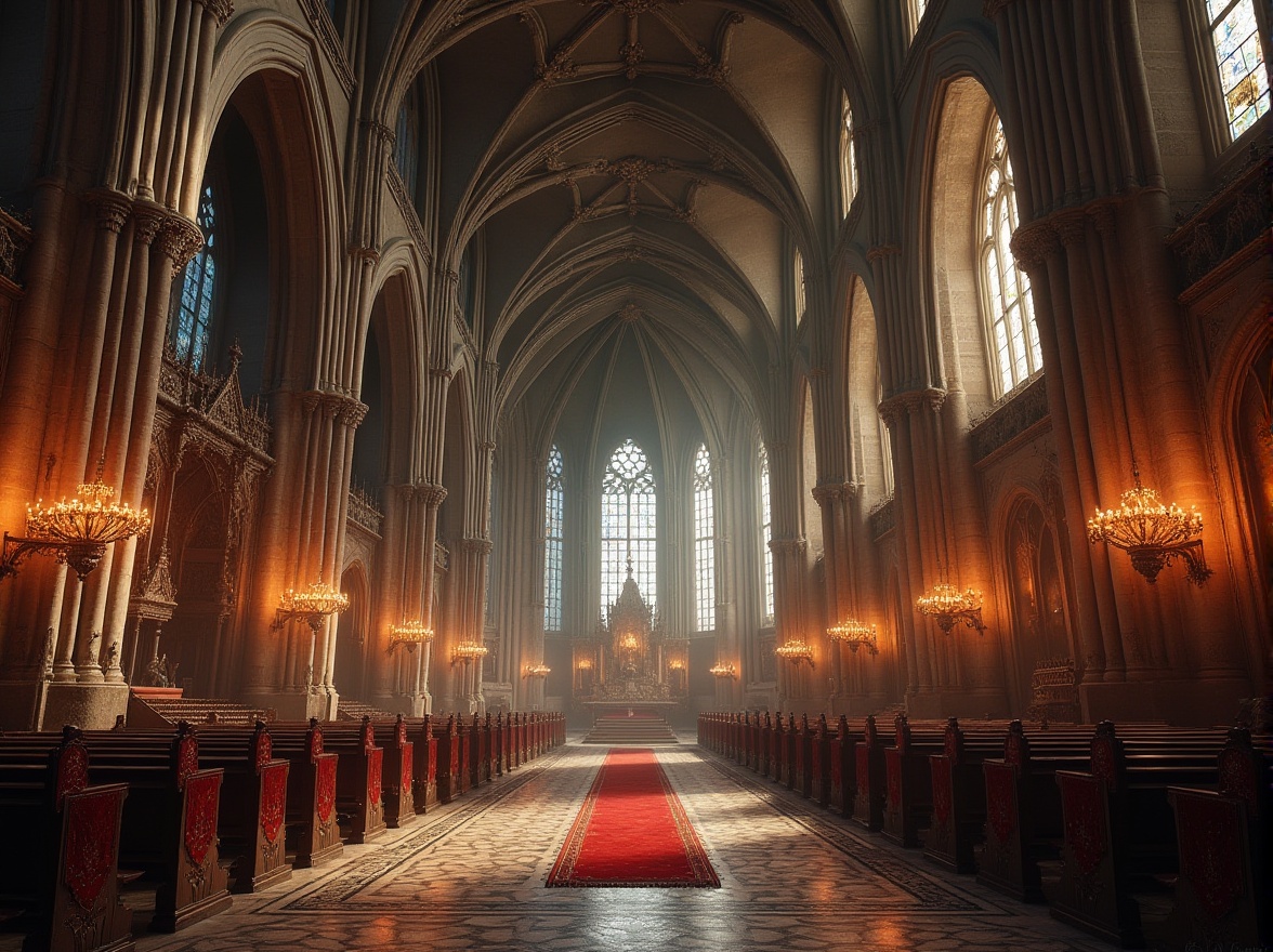 Prompt: Grand cathedral, intricately carved stone walls, ribbed vaults, pointed arches, stained glass windows, ornate chandeliers, dramatic lighting, rich tapestries, elaborate furnishings, mystical ambiance, soft warm illumination, shallow depth of field, 3/4 composition, panoramic view, realistic textures, ambient occlusion.