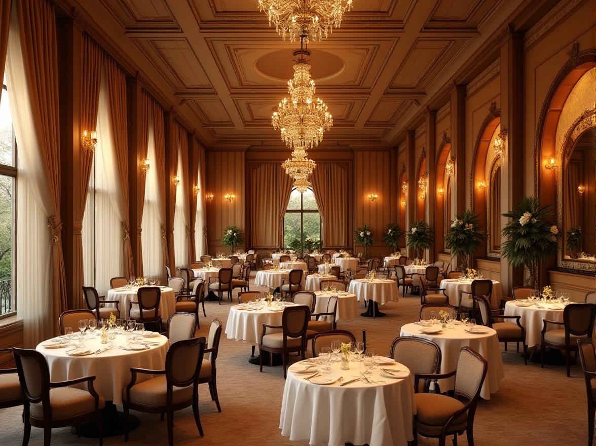 Prompt: Elegant dining hall, luxurious velvet drapes, rich wood tones, soft golden lighting, warm beige walls, dark walnut furniture, cream-colored tablecloths, fine china displays, ornate mirrors, grand crystal chandeliers, lavish flower arrangements, sophisticated ambiance, intimate seating areas, plush carpeting, earthy color scheme, rustic stone accents, natural textures, subtle sheen finishes, 1/2 composition, soft focus effect, warm white balance.