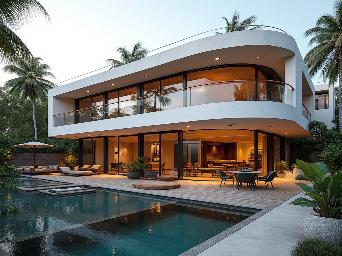 Prompt: Curved villa facade, streamlined modern architecture, minimalist ornamentation, large glass windows, sliding doors, cantilevered roofs, sleek metal railings, horizontal lines, white stucco walls, natural stone cladding, lush greenery, vibrant flowers, serene water features, koi pond, wooden deck, outdoor seating area, shaded outdoor spaces, warm ambient lighting, soft evening glow, 1/2 composition, shallow depth of field, realistic textures, ambient occlusion.