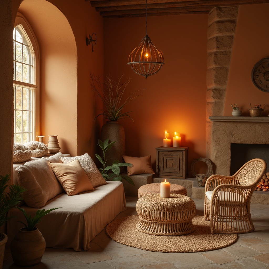 Prompt: Earthy ochre hues, warm beige foundations, rich terracotta accents, soft sienna shading, natural linen textures, woven rattan furniture, distressed wood elements, vintage metal decorations, rustic stone walls, cozy candlelit ambiance, warm golden lighting, shallow depth of field, 1/1 composition, intimate portrait view, realistic earthy tones, ambient occlusion.