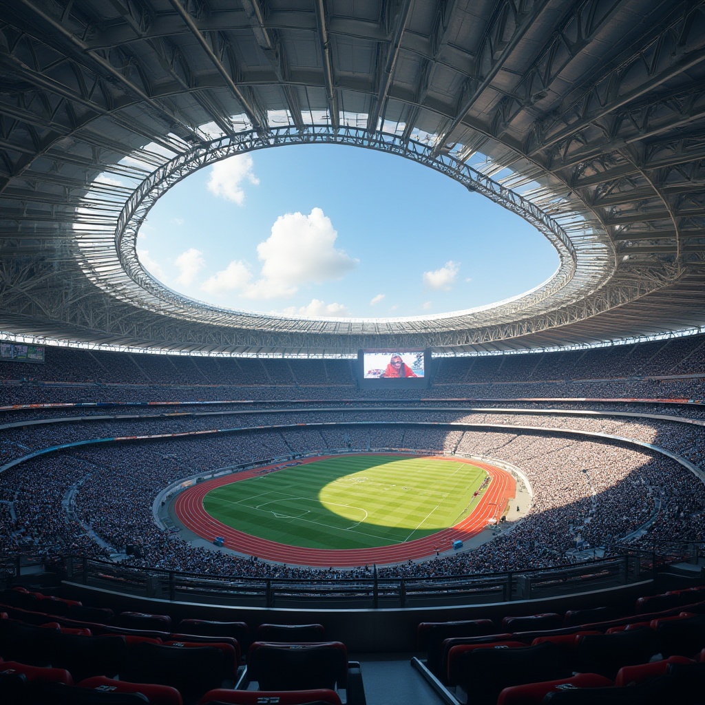 Prompt: Stadium grandstand, cantilevered roofs, reinforced concrete structures, steel beams, tensile fabric membranes, athletic tracks, soccer fields, basketball courts, tennis courts, Olympic-sized swimming pools, spectator seating areas, VIP lounges, concession stands, scoreboards, floodlights, evening games, dramatic shadows, low-angle photography, 1/2 composition, shallow depth of field, vibrant colors, dynamic textures.