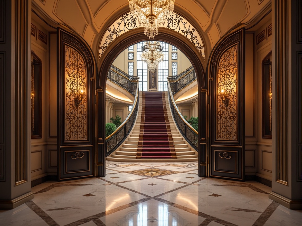 Prompt: Grand entrance gate, ornate metal doors, lavish foyer, high ceilings, marble flooring, crystal chandelier, sweeping staircase, elegant handrail, luxurious furnishings, opulent decor, vibrant colors, ambient lighting, shallow depth of field, 3/4 composition, realistic textures, warm atmosphere.