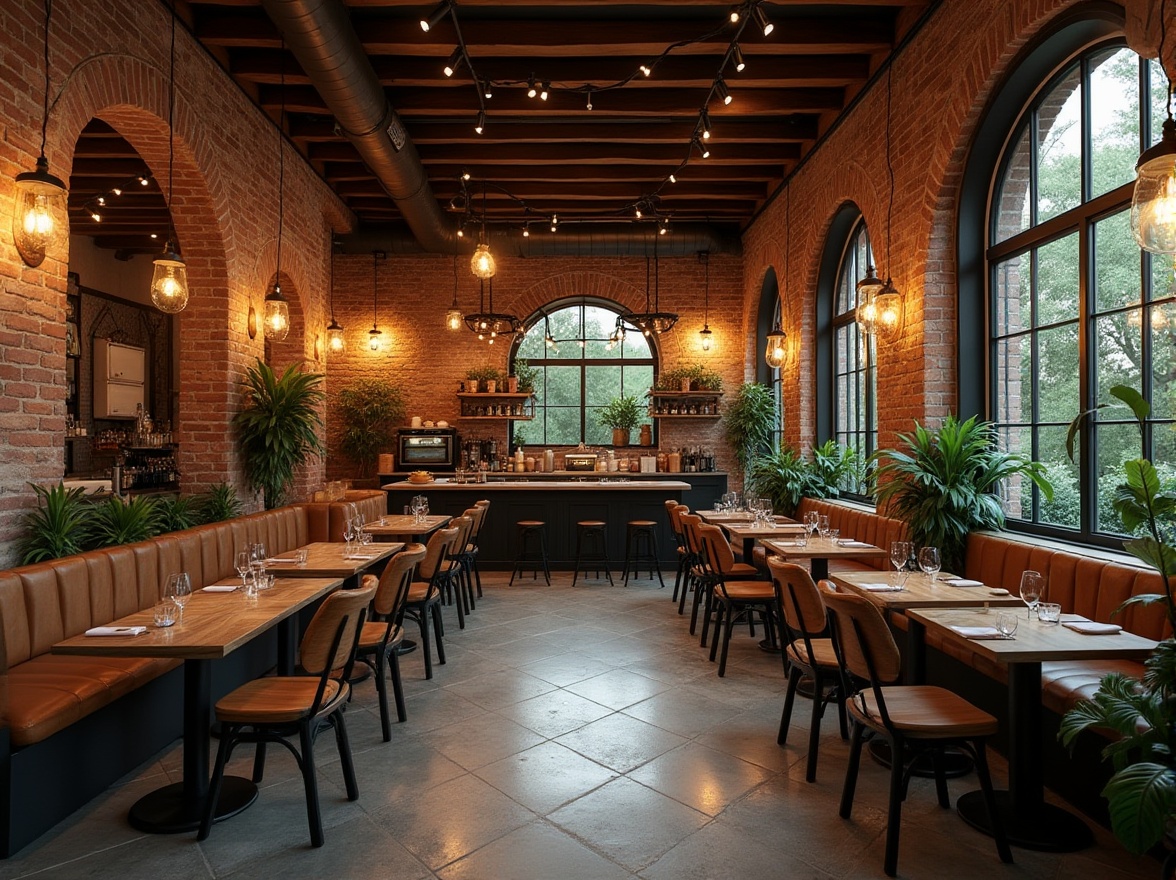 Prompt: Warm industrial-chic restaurant, exposed brick facade, rustic wooden accents, metal beams, reclaimed wood tables, vintage lighting fixtures, earthy color palette, cozy intimate ambiance, natural stone flooring, lush greenery, modern minimalist decor, large glass windows, soft warm lighting, shallow depth of field, 1/1 composition, realistic textures, ambient occlusion.