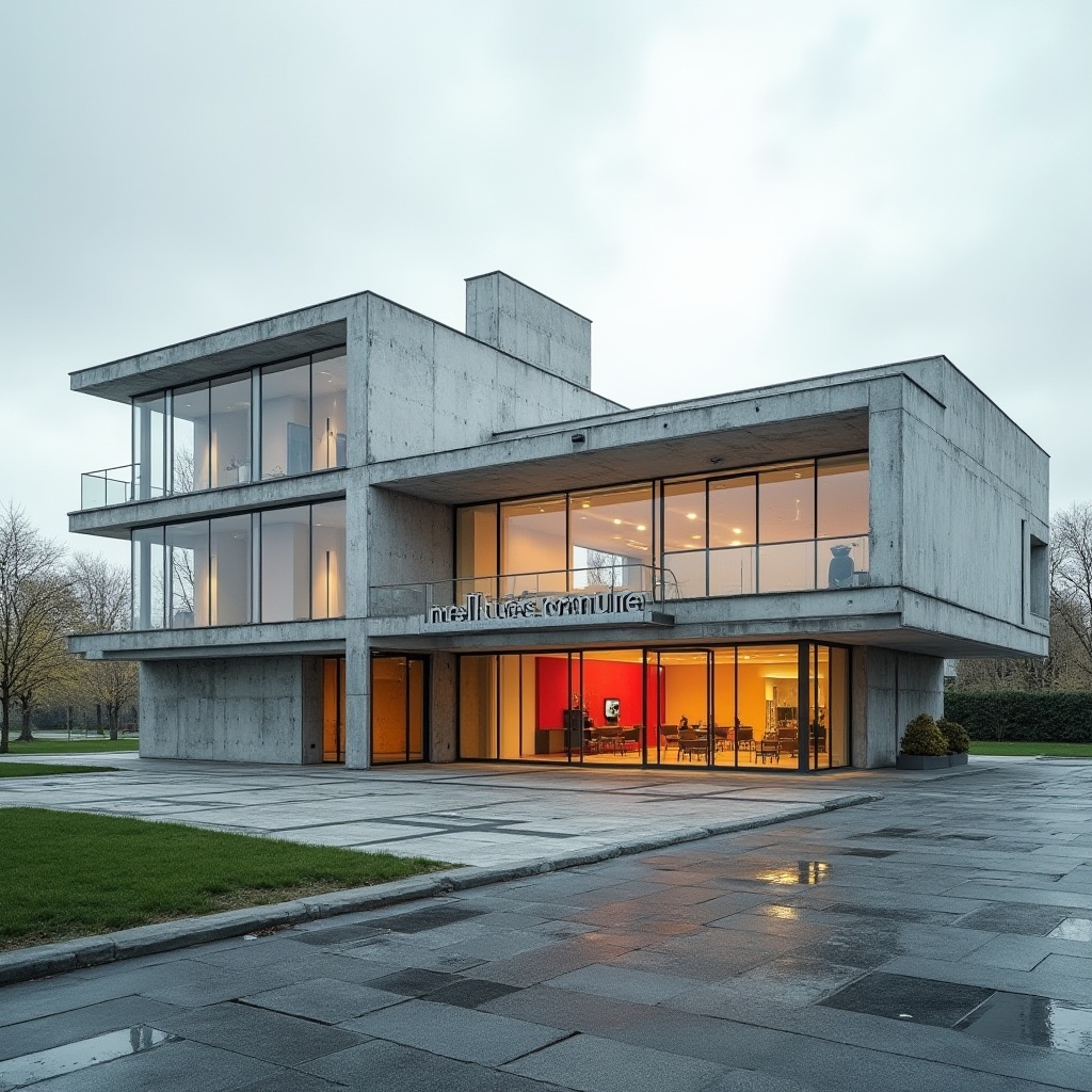 Prompt: Modern Bauhaus visitor center, asymmetrical fa\u00e7ade, industrial materials, exposed concrete walls, large glass windows, minimalist design, bold typography, vibrant color accents, geometric patterns, cantilevered roofs, brutalist architecture, urban landscape, cloudy day, soft diffused lighting, shallow depth of field, 2/3 composition, wide-angle lens, realistic textures, ambient occlusion.