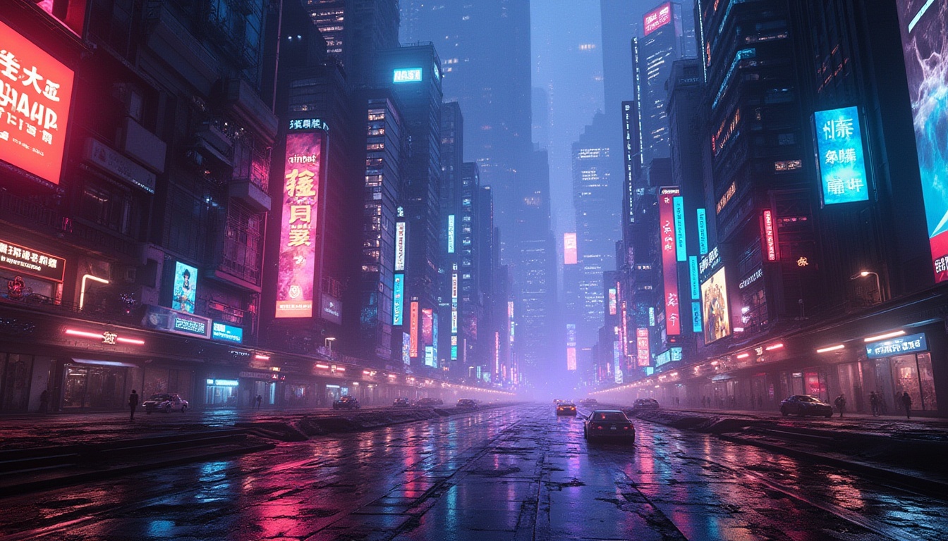 Prompt: Vibrant neon lights, futuristic cityscape, sleek metallic buildings, holographic advertisements, iridescent glass surfaces, electric blue accents, radiant yellow highlights, deep purple shadows, retro-futuristic aesthetics, cyberpunk influences, high-tech gadgetry, luminescent streets, atmospheric fog effects, cinematic lighting, 3/4 composition, shallow depth of field, panoramic view.