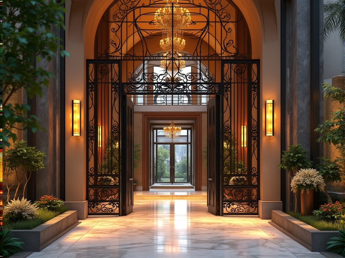 Prompt: Grand entrance gate, elegant archways, ornate metalwork, inviting walkways, lush greenery, blooming flowers, vibrant seasonal decorations, modern glass doors, sleek wooden accents, sophisticated lighting fixtures, spacious foyer, high ceilings, marble flooring, luxurious textiles, ambient soundscapes, warm color tones, 3/4 composition, shallow depth of field, realistic reflections.