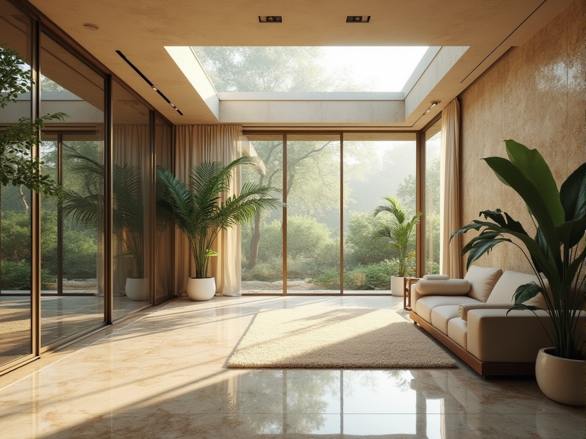 Prompt: Vibrant living room, floor-to-ceiling windows, sliding glass doors, transparent curtains, reflective surfaces, polished marble floors, sleek minimalist decor, abundant greenery, potted plants, natural stone walls, earthy tones, warm beige colors, soft diffused light, indirect sunlight, clerestory windows, skylights, solar tubes, ambient illumination, 1/1 composition, symmetrical framing, realistic textures, subtle shadows.