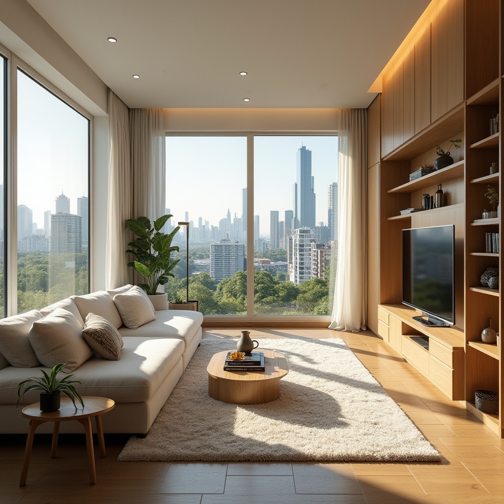 Prompt: Cozy living room, minimalist decor, natural wood furniture, plush carpets, warm lighting, functional layout, open-plan kitchen, modern appliances, comfortable bedrooms, soft pastel colors, minimal ornamentation, efficient storage solutions, smart home technology, energy-efficient systems, green roofs, vertical gardens, urban housing complex, high-rise building, city skyline views, sunny afternoon, shallow depth of field, 1/1 composition, realistic textures, ambient occlusion.